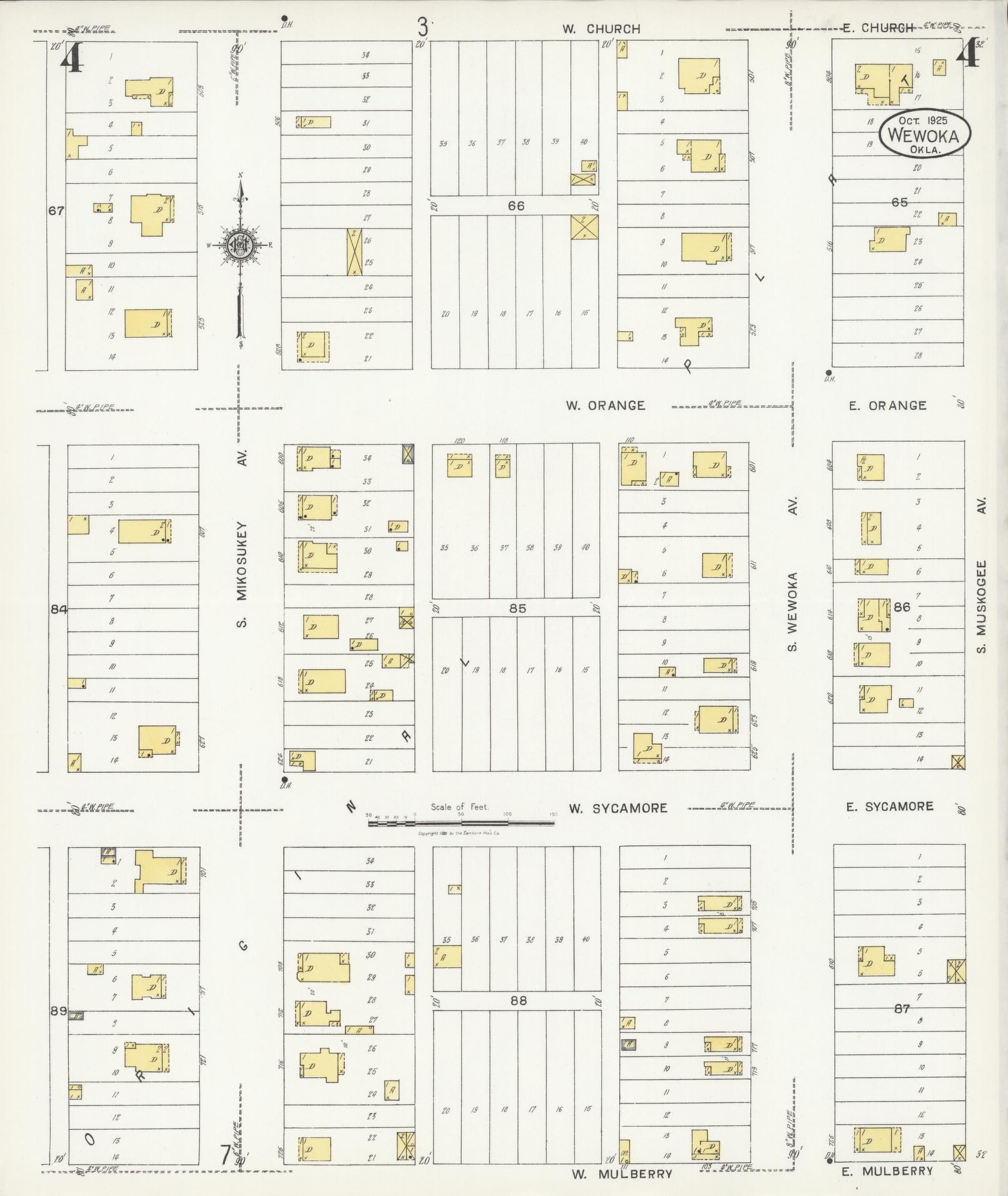 Sanborn Fire Insurance Map from Wewoka, Seminole County, Oklahoma (1925), Sheet #0004 - Complete Map Set gallery image, historic Sanborn map, vintage wall art, Oklahoma Oklahoma