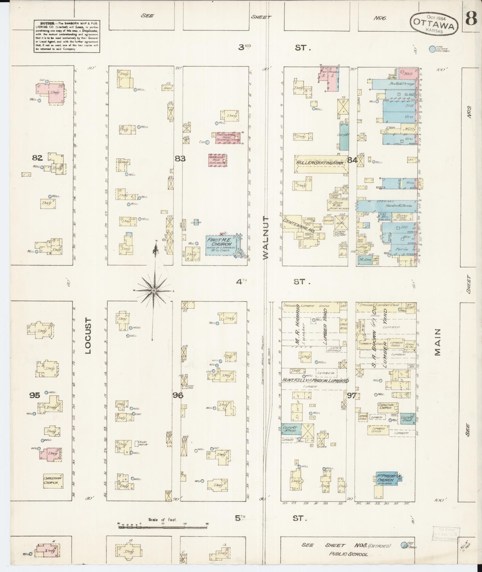 Sanborn Fire Insurance Map from Ottawa, Franklin County, Kansas (1884), Sheet #0008 - Complete Map Set gallery image, historic Sanborn map, vintage wall art, Kansas Kansas