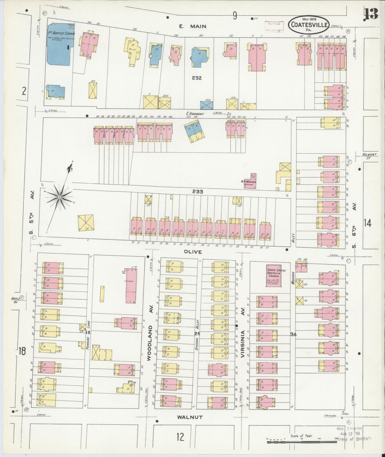 Sanborn Fire Insurance Map from Coatesville, Chester County, Pennsylvania (1909), Sheet #0013 - Historic Sanborn Fire Insurance Map Print, vintage old map wall art, antique decor, genealogy gift, Pennsylvania Pennsylvania map