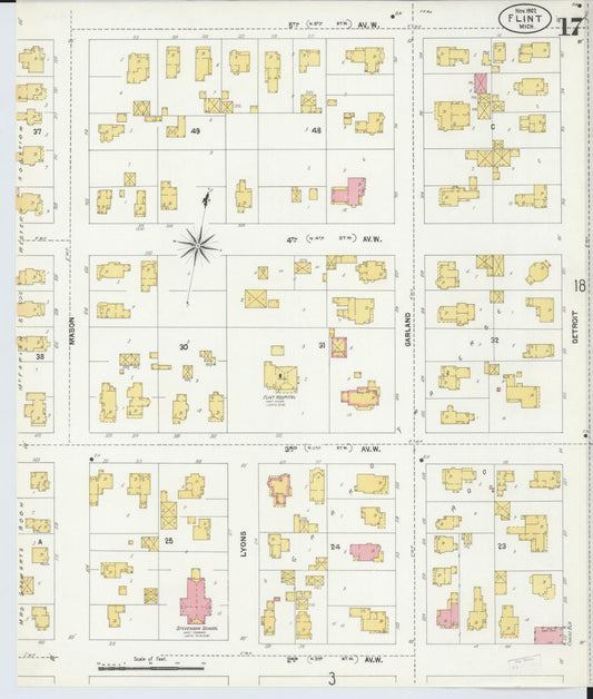 Sanborn Fire Insurance Map from Flint, Genesee County, Michigan (1902), Sheet #0017 - Historic Sanborn Fire Insurance Map Print, vintage old map wall art, antique decor, genealogy gift, Michigan Michigan map