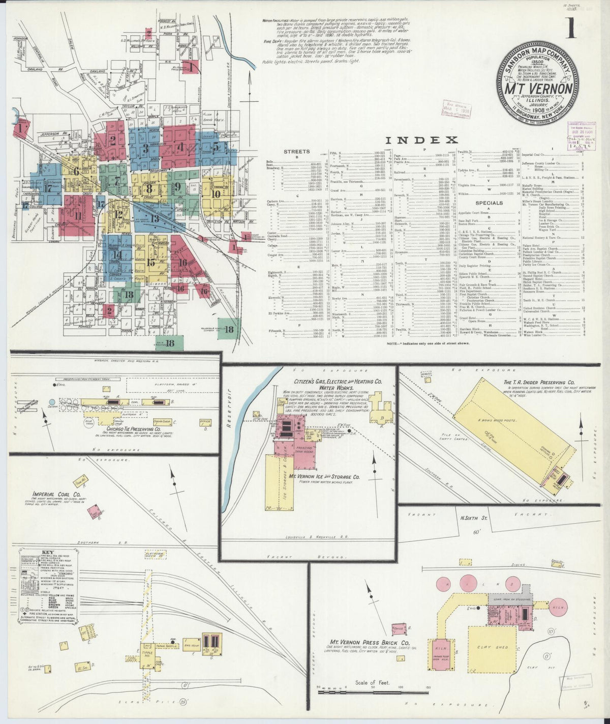 Sanborn Fire Insurance Map from Mount Vernon, Jefferson County, Illinois (1908), Sheet #0001 - Complete Map Set gallery image, historic Sanborn map, vintage wall art, Illinois Illinois