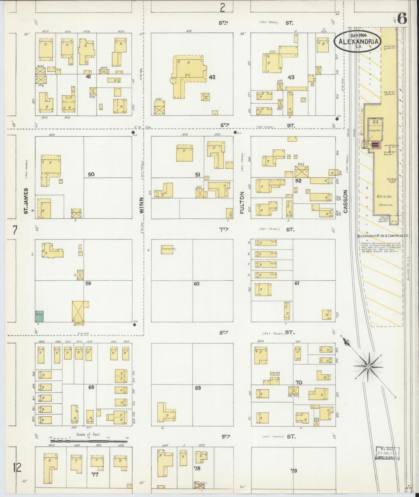Sanborn Fire Insurance Map from Alexandria, Rapides Parish, Louisiana (1904), Sheet #0006 - Complete Map Set gallery image, historic Sanborn map, vintage wall art, Louisiana Louisiana