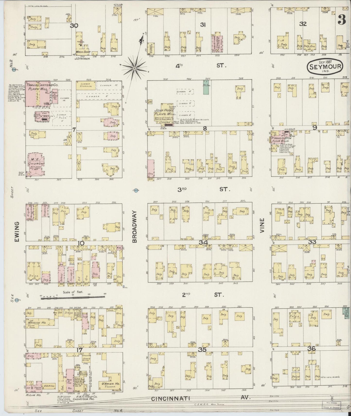 Sanborn Fire Insurance Map from Seymour, Jackson County, Indiana (1887), Sheet #0003 - Complete Map Set gallery image, historic Sanborn map, vintage wall art, Indiana Indiana