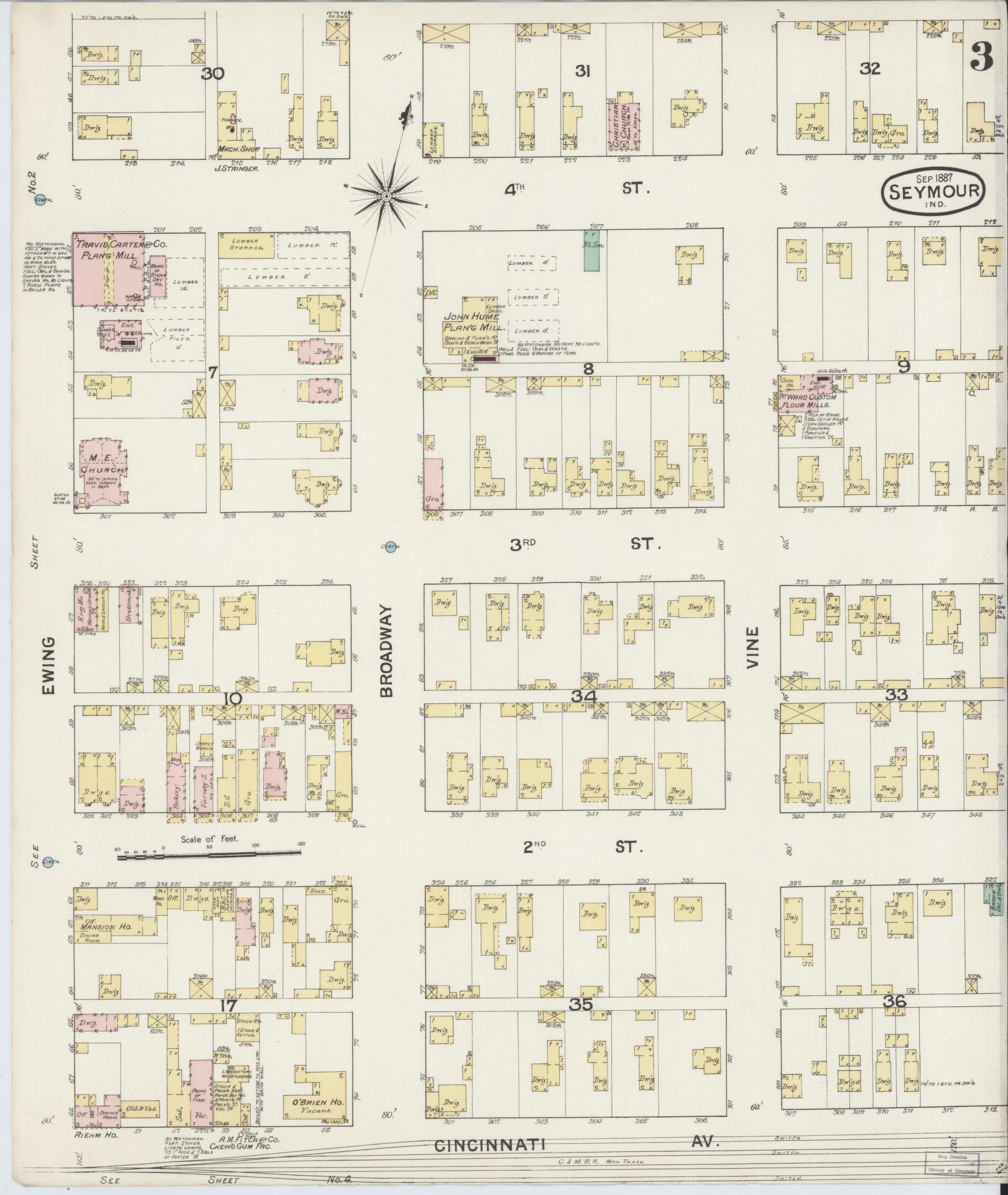 Sanborn Fire Insurance Map from Seymour, Jackson County, Indiana (1887), Sheet #0003 - Complete Map Set gallery image, historic Sanborn map, vintage wall art, Indiana Indiana