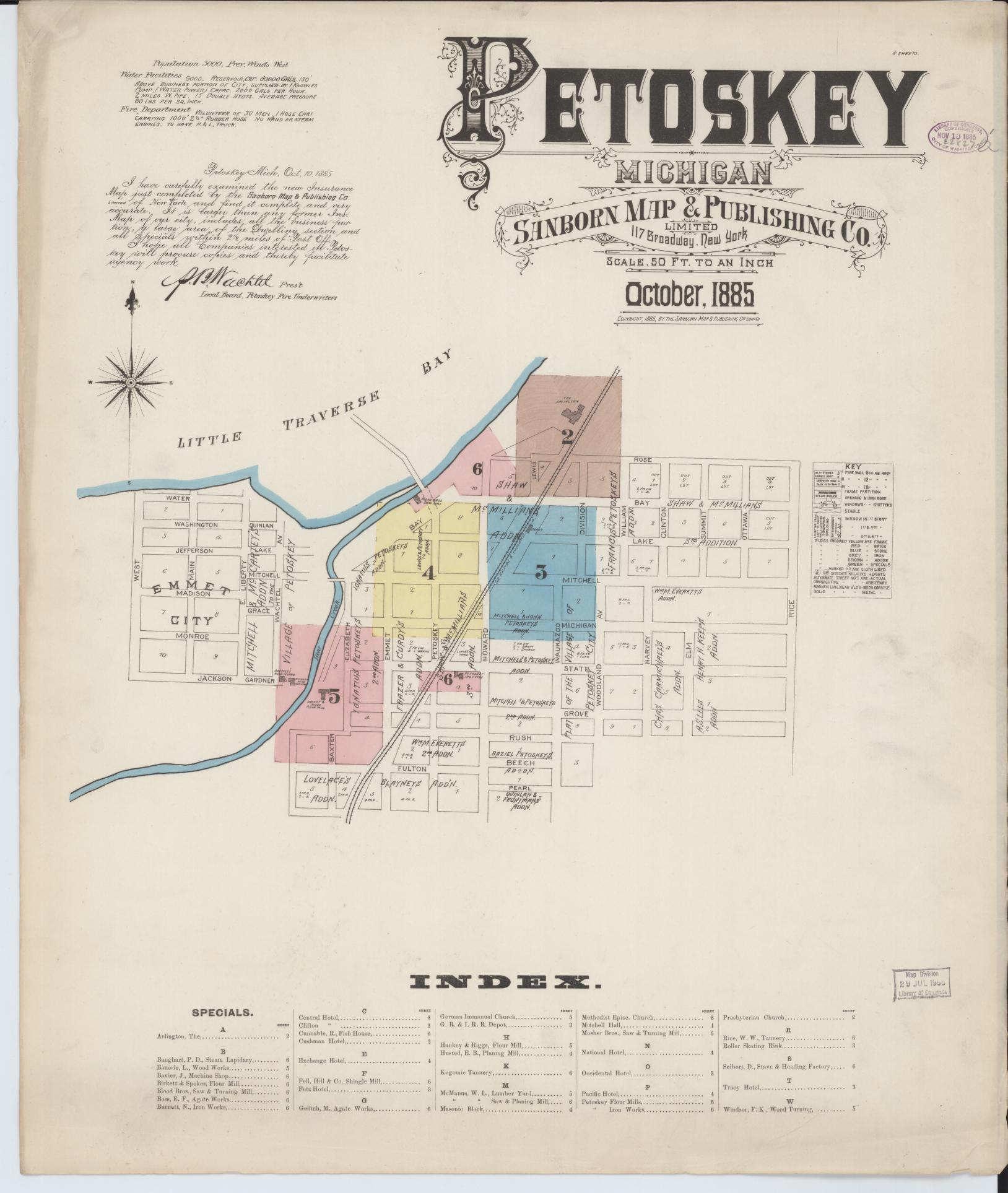 Sanborn Fire Insurance Map from Petoskey, Emmet County, Michigan (1885), Sheet #0001 - Complete Map Set gallery image, historic Sanborn map, vintage wall art, Michigan Michigan