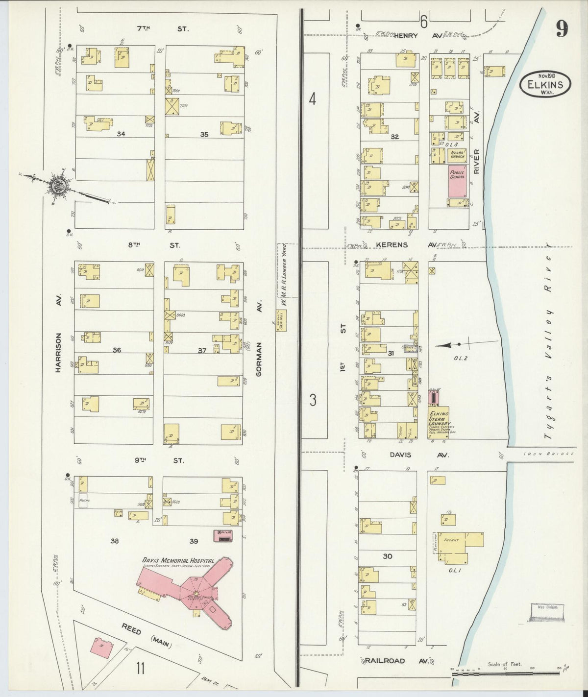 Sanborn Fire Insurance Map from Elkins, Randolph County, West Virginia (1910), Sheet #0009 - Historic Sanborn Fire Insurance Map Print, vintage old map wall art, antique decor, genealogy gift, West Virginia West Virginia map