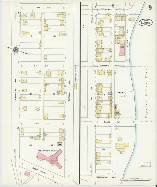 Sanborn Fire Insurance Map from Elkins, Randolph County, West Virginia (1910), Sheet #0009 - Historic Sanborn Fire Insurance Map Print, vintage old map wall art, antique decor, genealogy gift, West Virginia West Virginia map