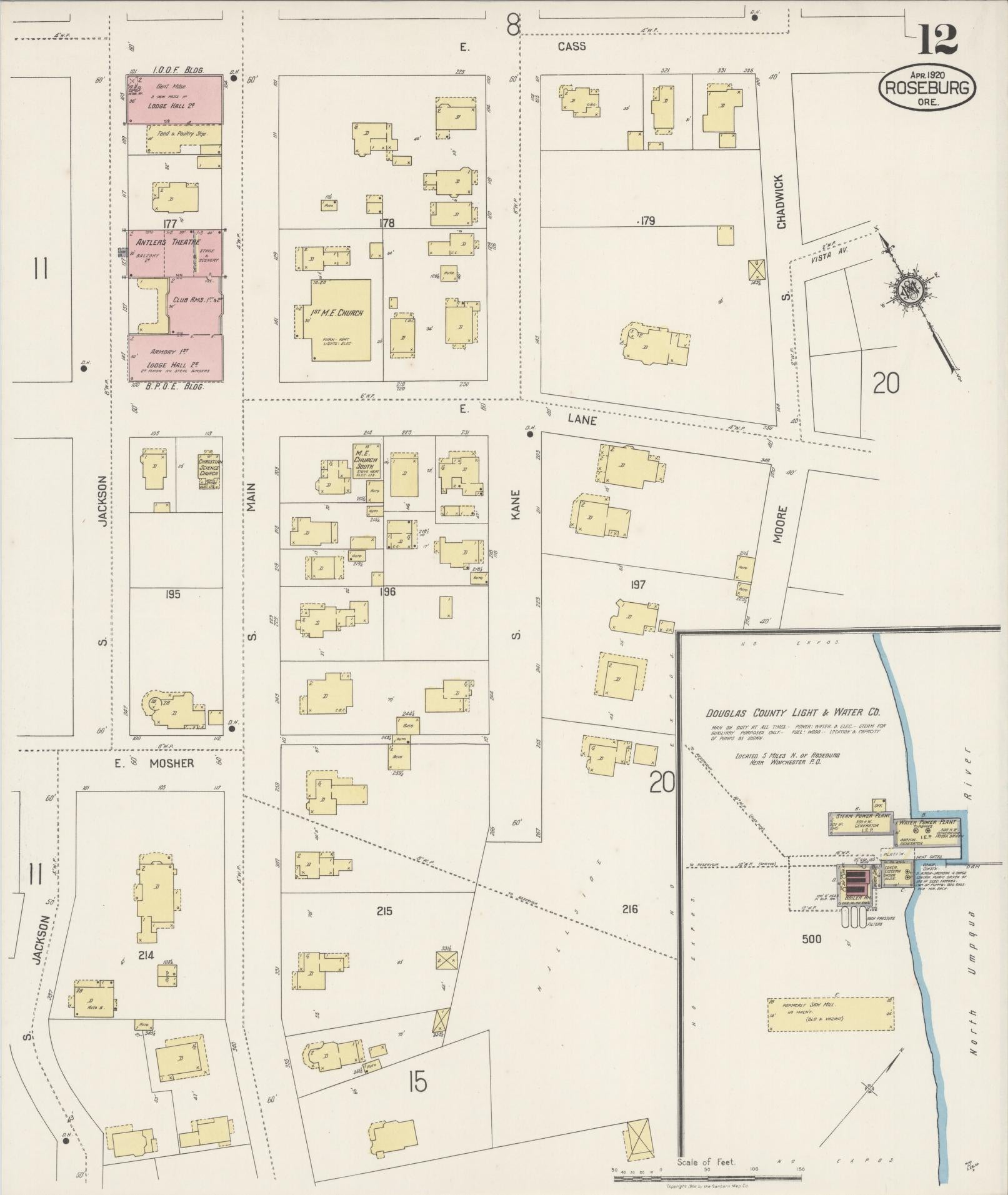 Sanborn Fire Insurance Map from Roseburg, Douglas County, Oregon (1920), Sheet #0012 - Historic Sanborn Fire Insurance Map Print, vintage old map wall art, antique decor, genealogy gift, Oregon Oregon map