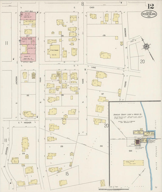 Sanborn Fire Insurance Map from Roseburg, Douglas County, Oregon (1920), Sheet #0012 - Historic Sanborn Fire Insurance Map Print, vintage old map wall art, antique decor, genealogy gift, Oregon Oregon map