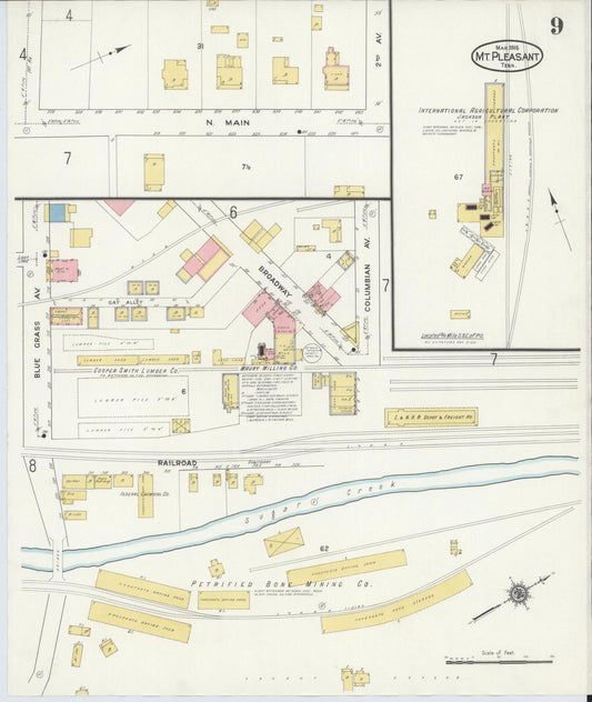 Sanborn Fire Insurance Map from Mount Pleasant, Maury County, Tennessee (1916), Sheet #0009 - Historic Sanborn Fire Insurance Map Print, vintage old map wall art, antique decor, genealogy gift, Tennessee Tennessee map