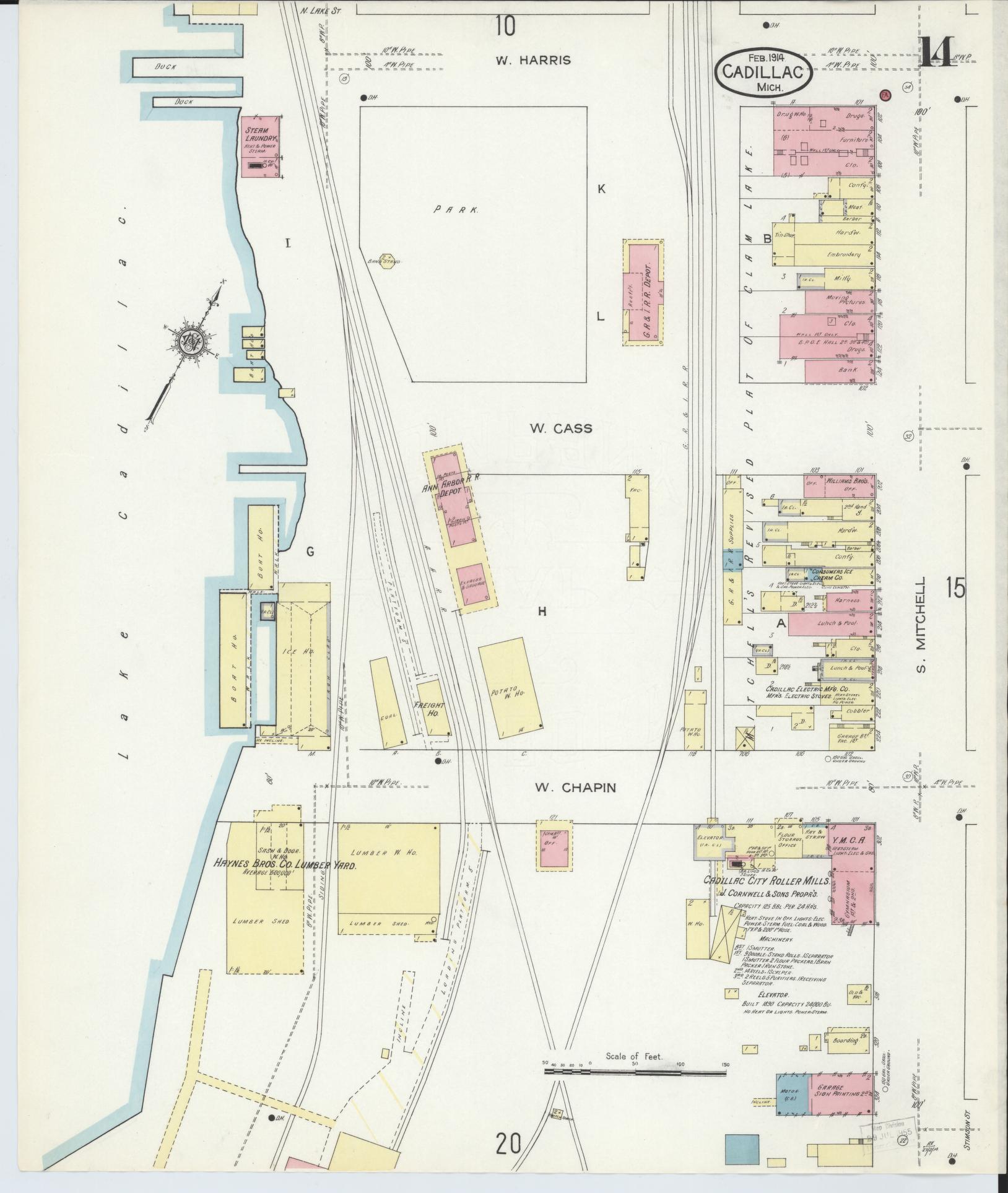 Sanborn Fire Insurance Map from Cadillac, Wexford County, Michigan (1914), Sheet #0014 - Complete Map Set gallery image, historic Sanborn map, vintage wall art, Michigan Michigan