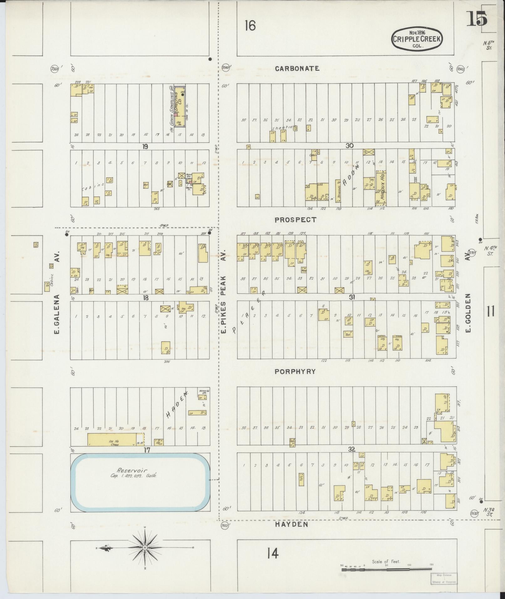 Sanborn Fire Insurance Map from Cripple Creek, Teller County, Colorado (1896), Sheet #0015 - Historic Sanborn Fire Insurance Map Print, vintage old map wall art, antique decor, genealogy gift, Colorado Colorado map