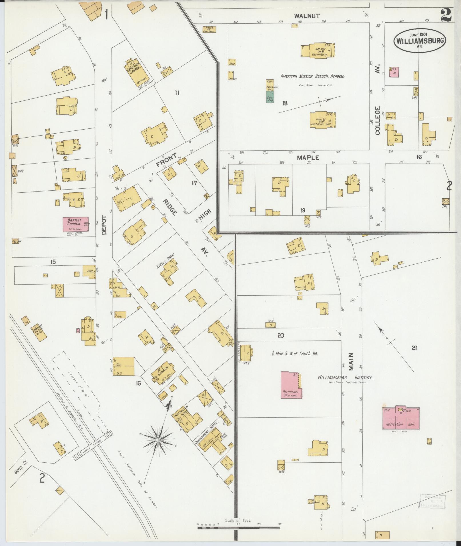 Sanborn Fire Insurance Map from Williamsburg, Whitley County, Kentucky (1901), Sheet #0002 - Complete Map Set gallery image, historic Sanborn map, vintage wall art, Kentucky Kentucky