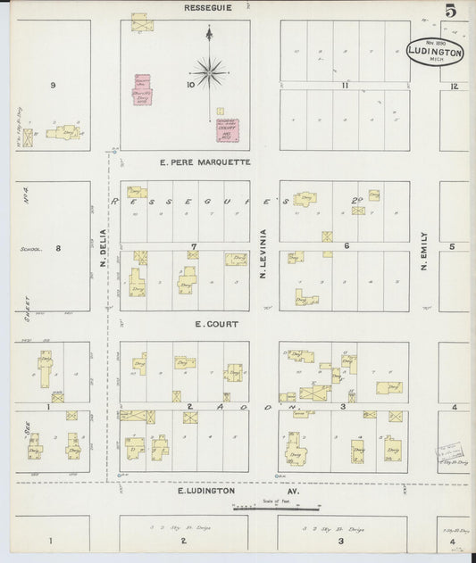 Sanborn Fire Insurance Map from Ludington, Mason County, Michigan (1890), Sheet #0005 - Historic Sanborn Fire Insurance Map Print, vintage old map wall art, antique decor, genealogy gift, Michigan Michigan map