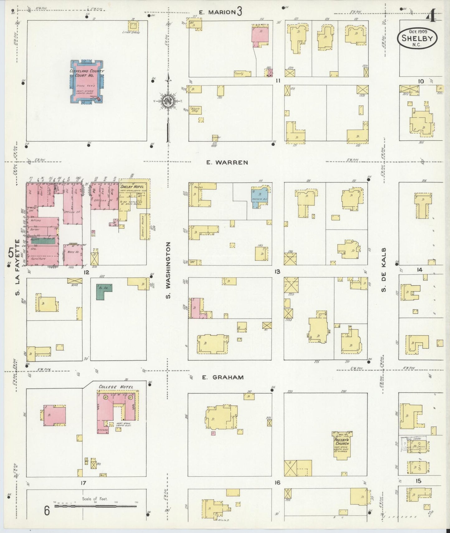 Sanborn Fire Insurance Map from Shelby, Cleveland County, North Carolina (1909), Sheet #0004 - Complete Map Set gallery image, historic Sanborn map, vintage wall art, North Carolina North Carolina