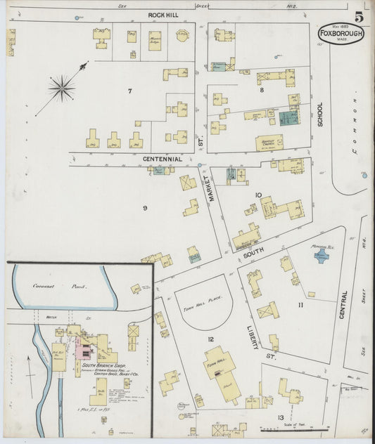 Sanborn Fire Insurance Map from Foxboro, Norfolk County, Massachusetts (1889), Sheet #0005 - Historic Sanborn Fire Insurance Map Print, vintage old map wall art, antique decor, genealogy gift, Massachusetts Massachusetts map