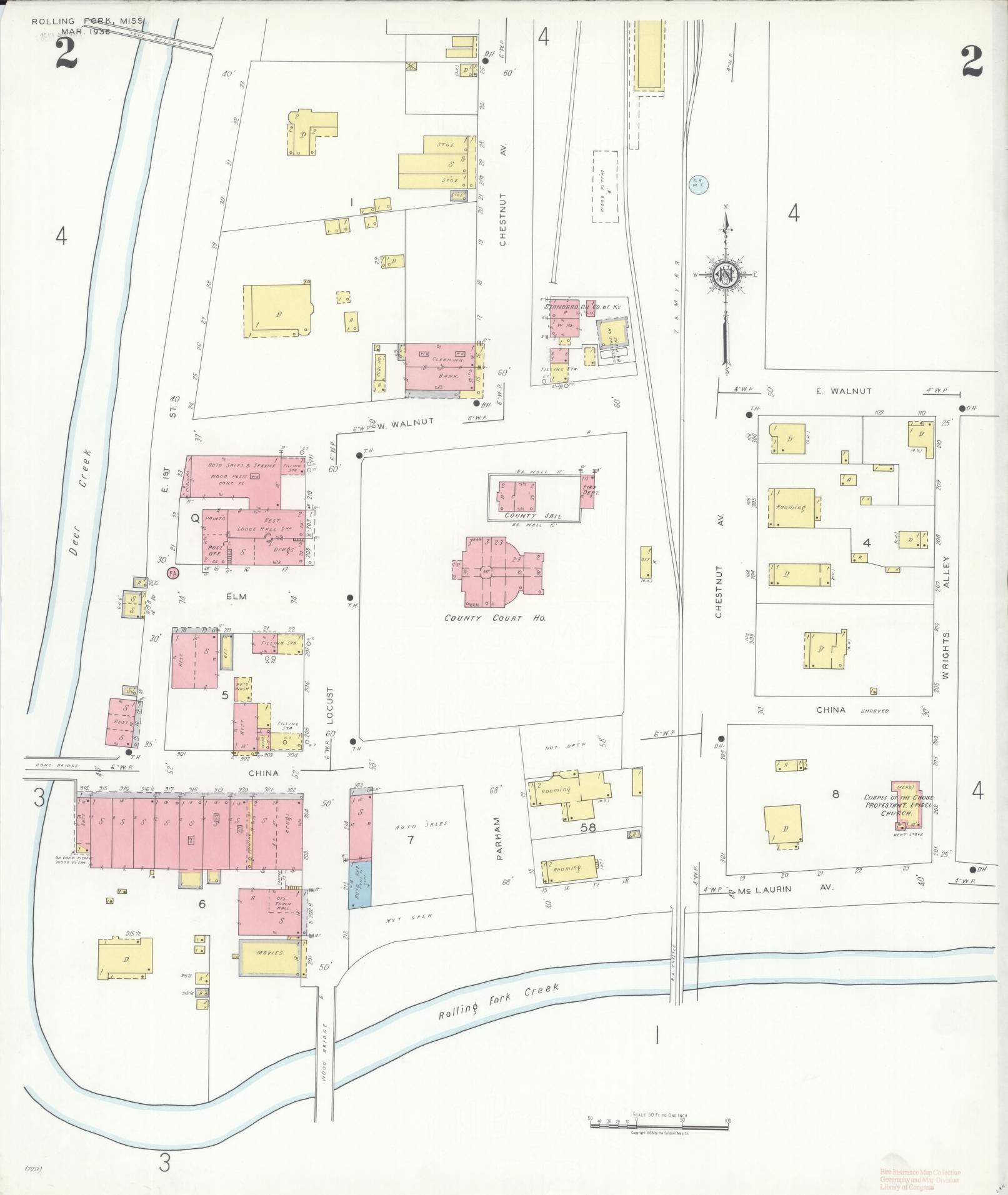 Sanborn Fire Insurance Map from Rolling Fork, Sharkey County, Mississippi (1936), Sheet #0002 - Historic Sanborn Fire Insurance Map Print, vintage old map wall art, antique decor, genealogy gift, Mississippi Mississippi map