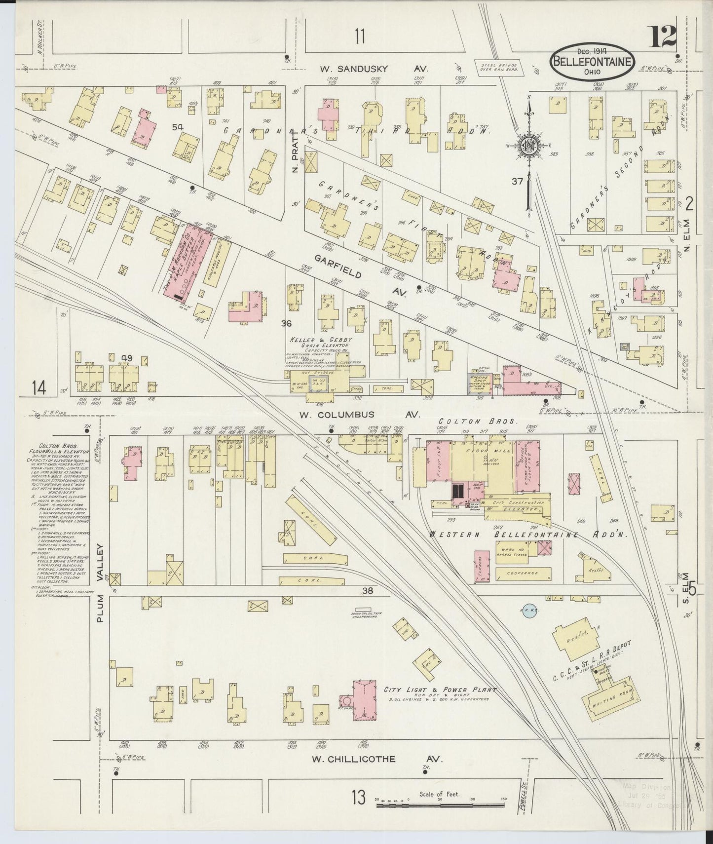Sanborn Fire Insurance Map from Bellefontaine, Logan County, Ohio (1914), Sheet #0012 - Historic Sanborn Fire Insurance Map Print, vintage old map wall art, antique decor, genealogy gift, Ohio Ohio map