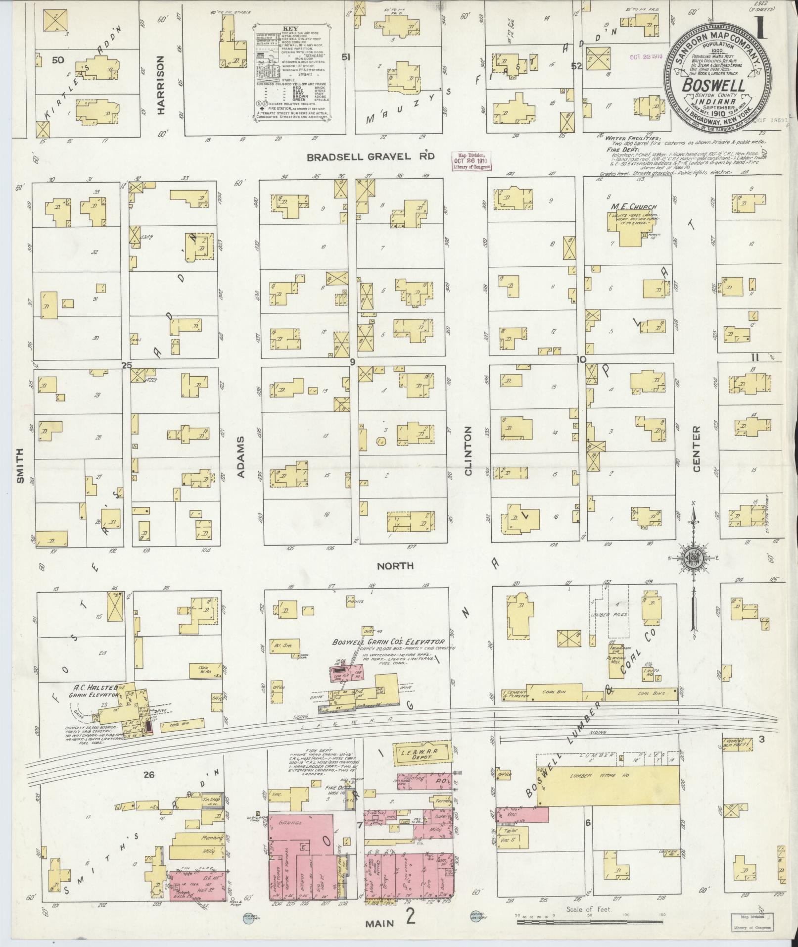Sanborn Fire Insurance Map from Boswell, Benton County, Indiana (1910), Sheet #0001 - Complete Map Set gallery image, historic Sanborn map, vintage wall art, Indiana Indiana