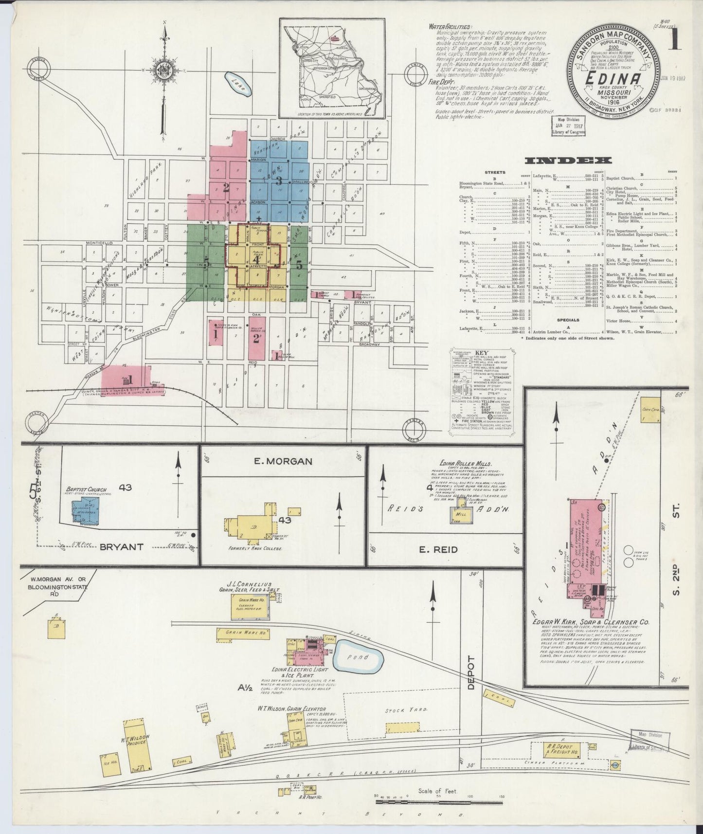 Sanborn Fire Insurance Map from Edina, Knox County, Missouri (1916), Sheet #0001 - Complete Map Set gallery image, historic Sanborn map, vintage wall art, Missouri Missouri