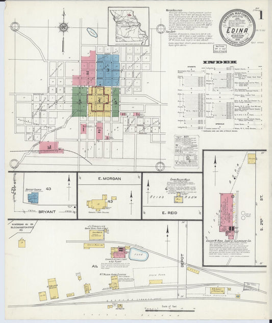 Sanborn Fire Insurance Map from Edina, Knox County, Missouri (1916), Sheet #0001 - Complete Map Set gallery image, historic Sanborn map, vintage wall art, Missouri Missouri