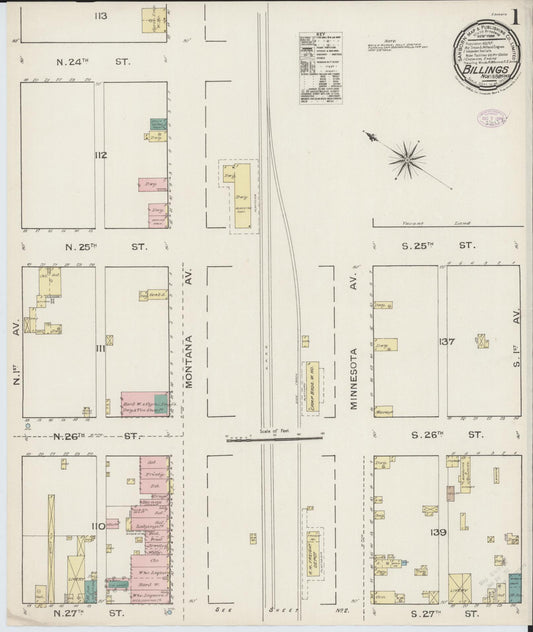 Sanborn Fire Insurance Map from Billings, Yellowstone County, Montana (1886), Sheet #0001 - Complete Map Set gallery image, historic Sanborn map, vintage wall art, Montana Montana