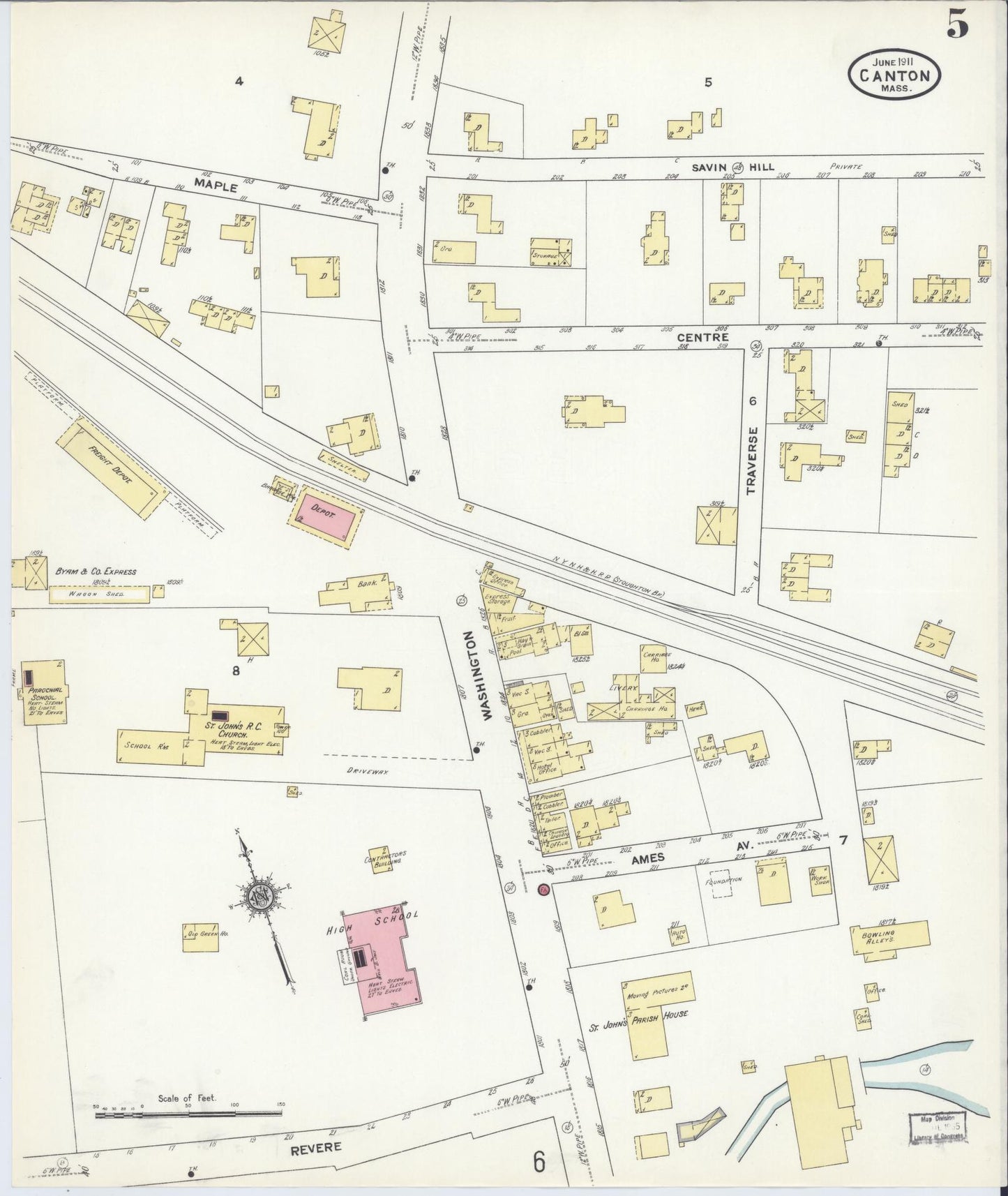 Sanborn Fire Insurance Map from Canton, Norfolk County, Massachusetts (1911), Sheet #0005 - Complete Map Set gallery image, historic Sanborn map, vintage wall art, Massachusetts Massachusetts