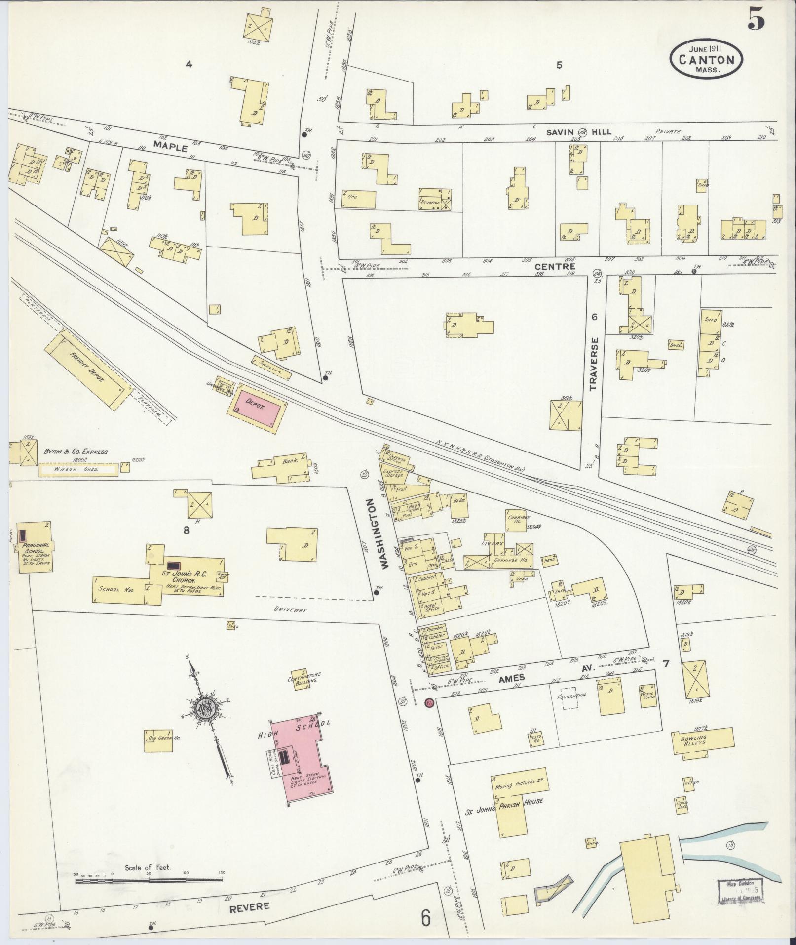 Sanborn Fire Insurance Map from Canton, Norfolk County, Massachusetts (1911), Sheet #0005 - Complete Map Set gallery image, historic Sanborn map, vintage wall art, Massachusetts Massachusetts