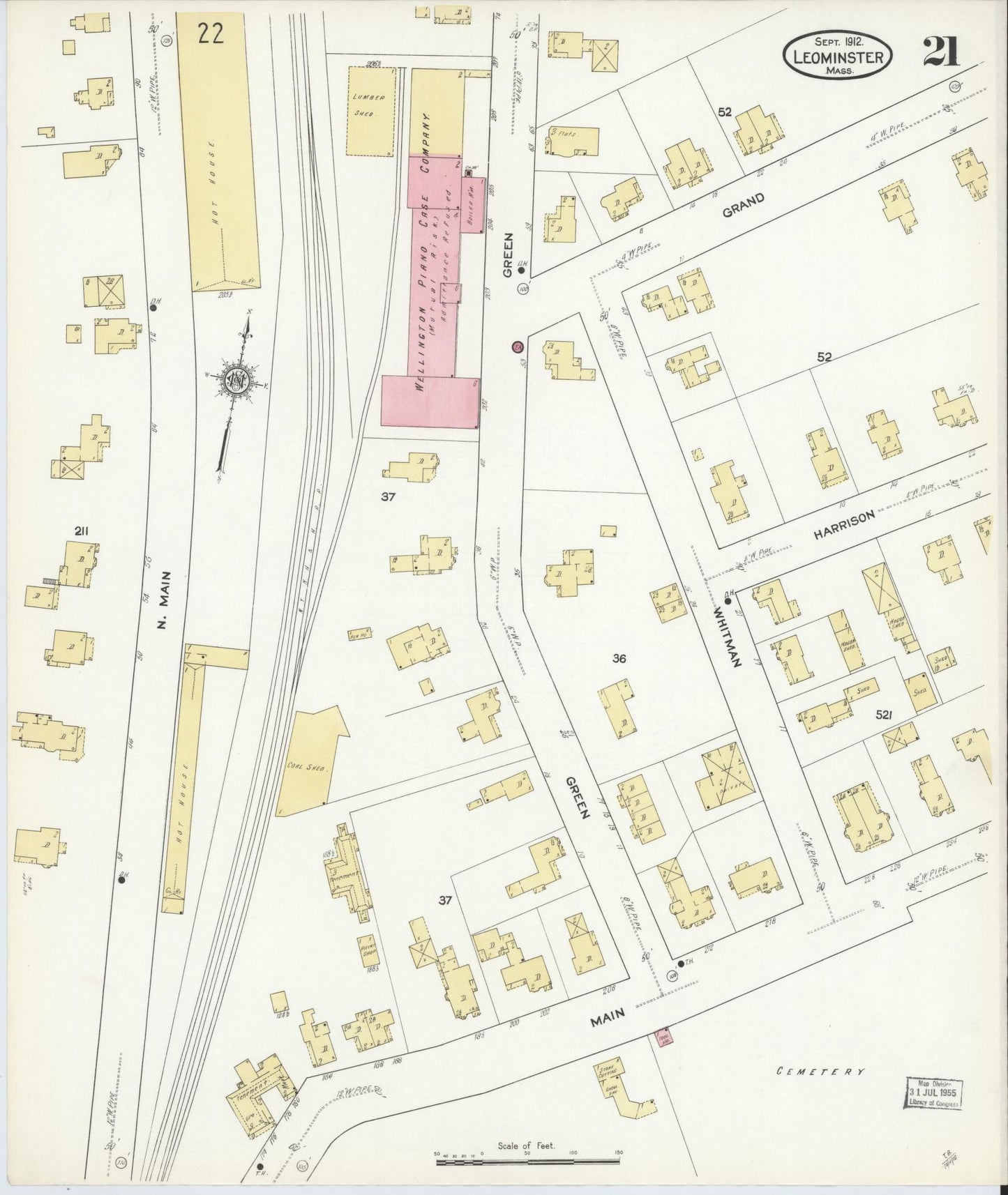 Sanborn Fire Insurance Map from Leominster, Worcester County, Massachusetts (1912), Sheet #0021 - Complete Map Set gallery image, historic Sanborn map, vintage wall art, Massachusetts Massachusetts