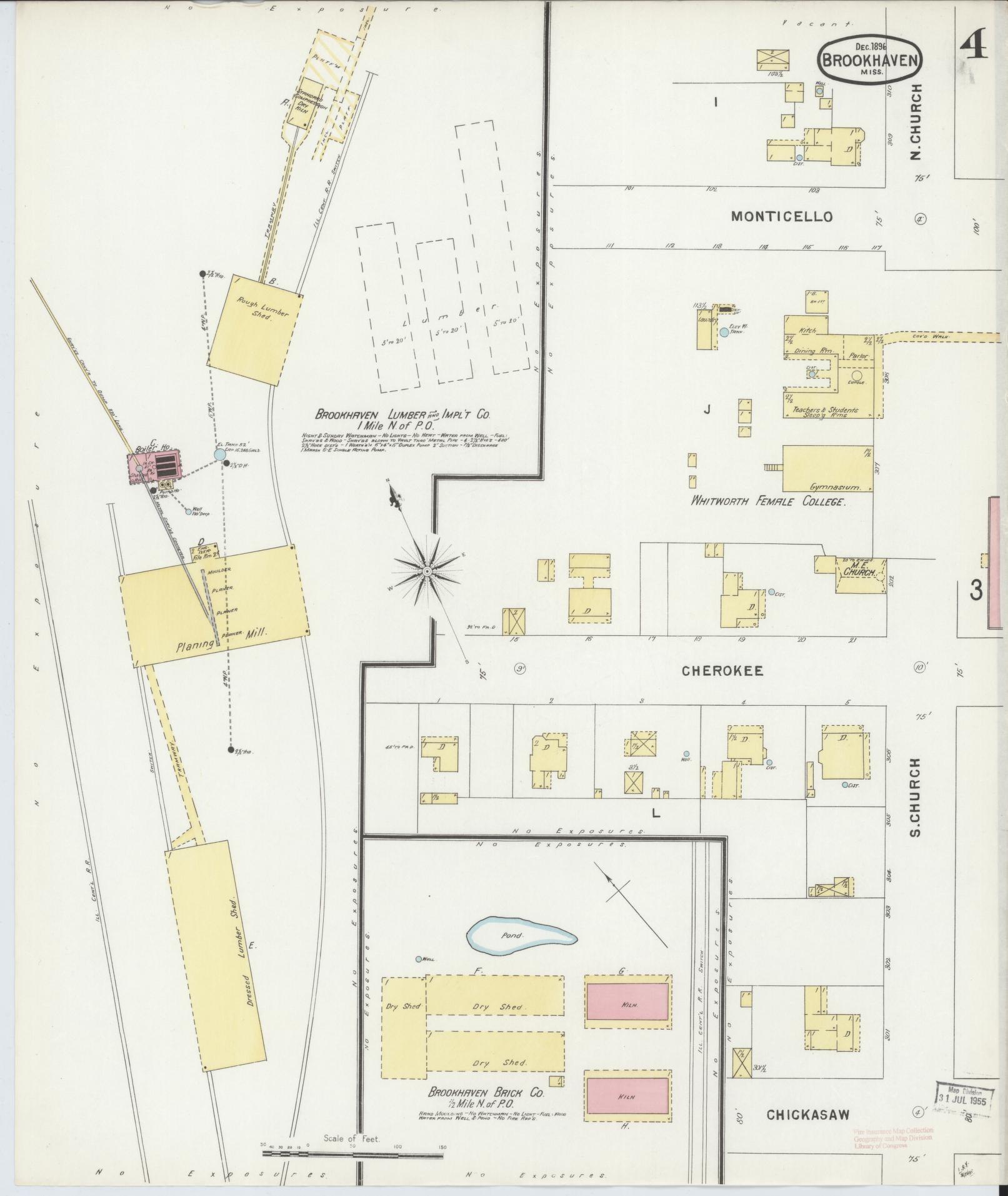 Sanborn Fire Insurance Map from Brookhaven, Lincoln County, Mississippi (1896), Sheet #0004 - Historic Sanborn Fire Insurance Map Print, vintage old map wall art, antique decor, genealogy gift, Mississippi Mississippi map
