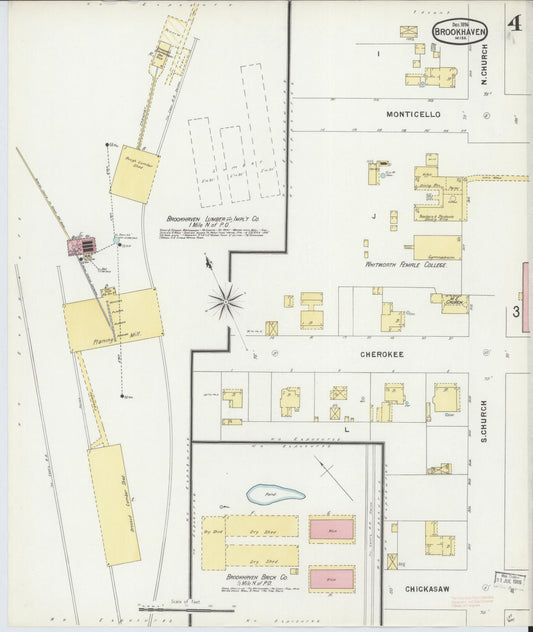 Sanborn Fire Insurance Map from Brookhaven, Lincoln County, Mississippi (1896), Sheet #0004 - Historic Sanborn Fire Insurance Map Print, vintage old map wall art, antique decor, genealogy gift, Mississippi Mississippi map