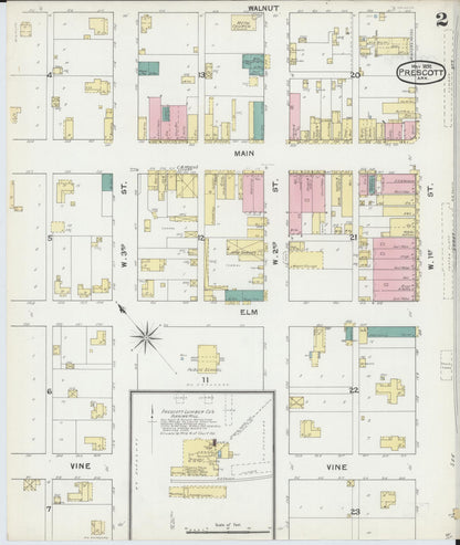 Sanborn Fire Insurance Map from Prescott, Nevada County, Arkansas (1892), Sheet #0002 - Complete Map Set gallery image, historic Sanborn map, vintage wall art, Prescott Nevada