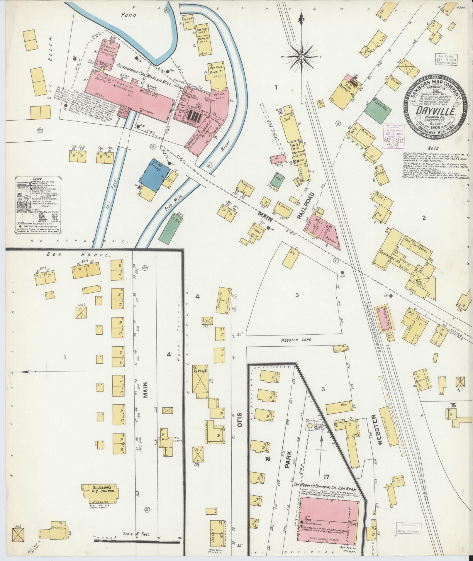 Sanborn Fire Insurance Map from Dayville, Windbam County, Connecticut (1903), Sheet #0001 - Historic Sanborn Fire Insurance Map Print, vintage old map wall art, antique decor, genealogy gift, Connecticut Connecticut map