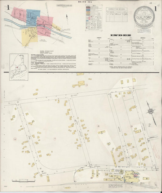 Sanborn Fire Insurance Map from Guilford, Piscataquis County, Maine (1945), Sheet #0001 - Historic Sanborn Fire Insurance Map Print, vintage old map wall art, antique decor, genealogy gift, Maine Maine map