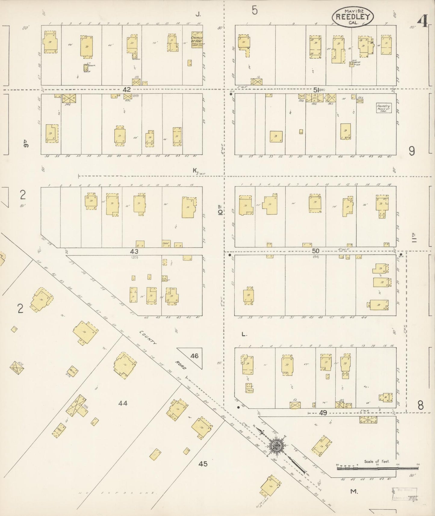 Sanborn Fire Insurance Map from Reedley, Fresno County, California (1912), Sheet #0004 - Complete Map Set gallery image, historic Sanborn map, vintage wall art, California California