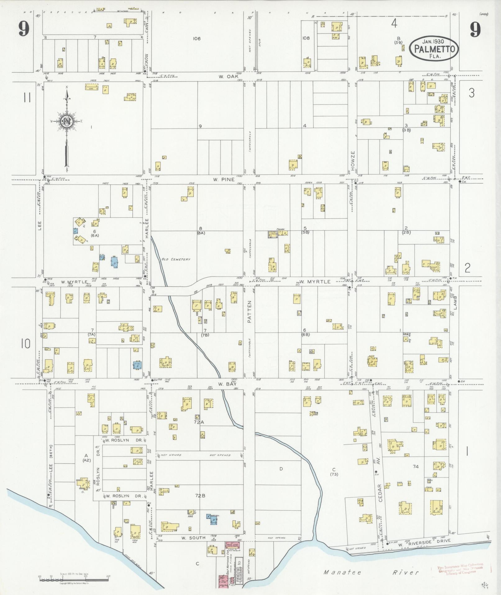 Sanborn Fire Insurance Map from Palmetto, Manatee County, Florida (1930), Sheet #0009 - Historic Sanborn Fire Insurance Map Print, vintage old map wall art, antique decor, genealogy gift, Florida Florida map
