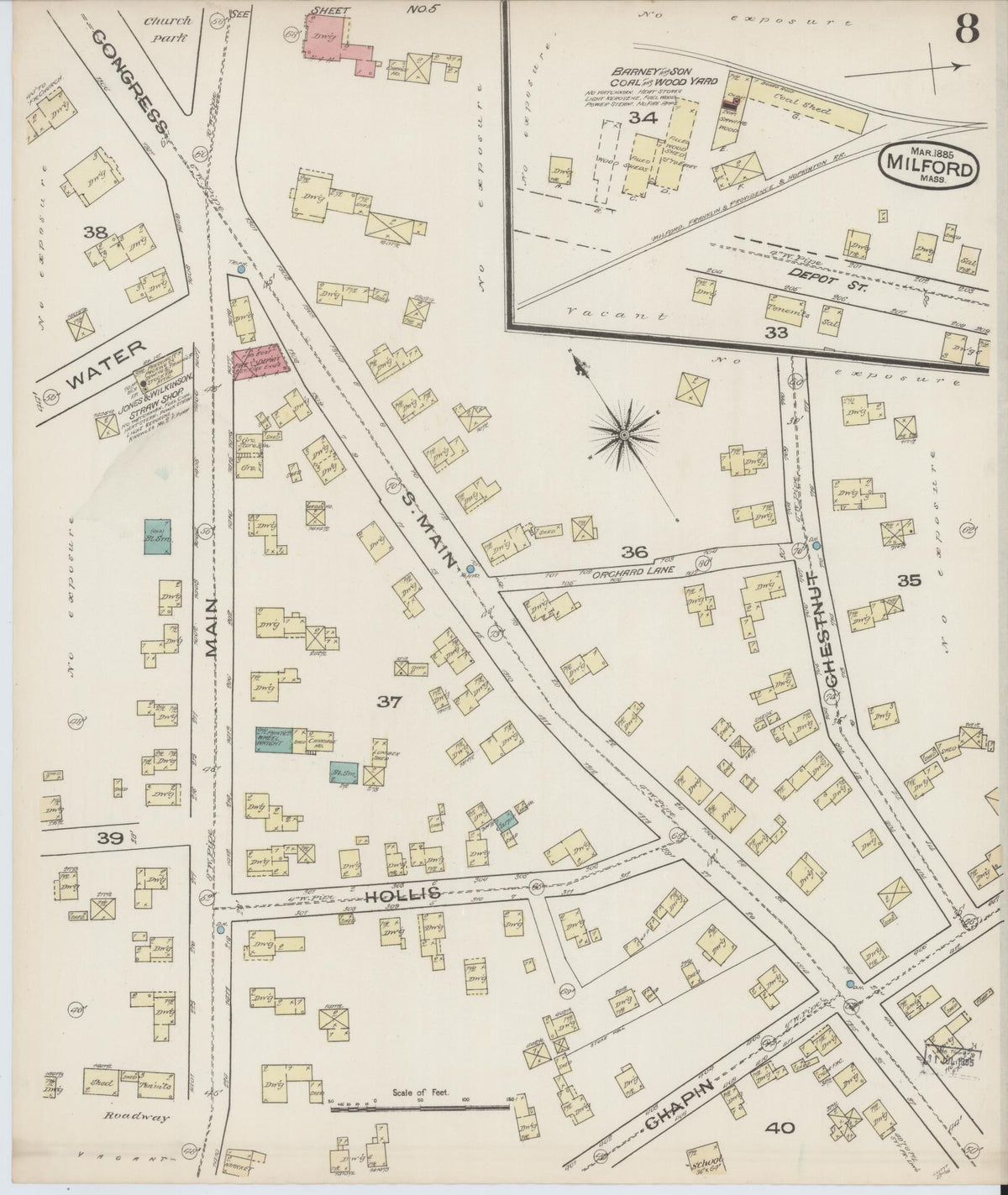 Sanborn Fire Insurance Map from Milford, Worcester County, Massachusetts (1885), Sheet #0008 - Historic Sanborn Fire Insurance Map Print, vintage old map wall art, antique decor, genealogy gift, Massachusetts Massachusetts map