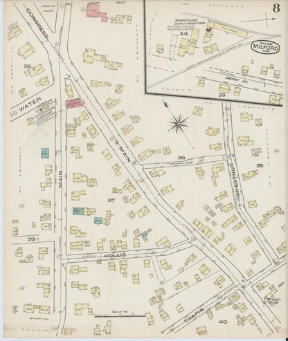 Sanborn Fire Insurance Map from Milford, Worcester County, Massachusetts (1885), Sheet #0008 - Historic Sanborn Fire Insurance Map Print, vintage old map wall art, antique decor, genealogy gift, Massachusetts Massachusetts map