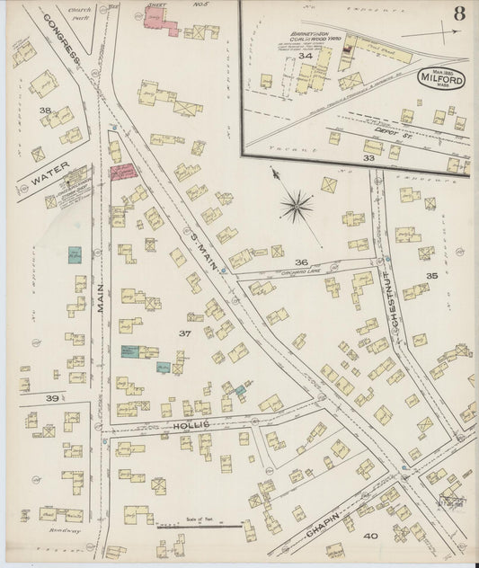 Sanborn Fire Insurance Map from Milford, Worcester County, Massachusetts (1885), Sheet #0008 - Historic Sanborn Fire Insurance Map Print, vintage old map wall art, antique decor, genealogy gift, Massachusetts Massachusetts map