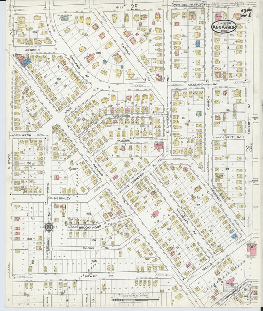 Sanborn Fire Insurance Map from Ann Arbor, Washtenaw County, Michigan (1916), Sheet #0027 - Historic Sanborn Fire Insurance Map Print, vintage old map wall art, antique decor, genealogy gift, Michigan Michigan map