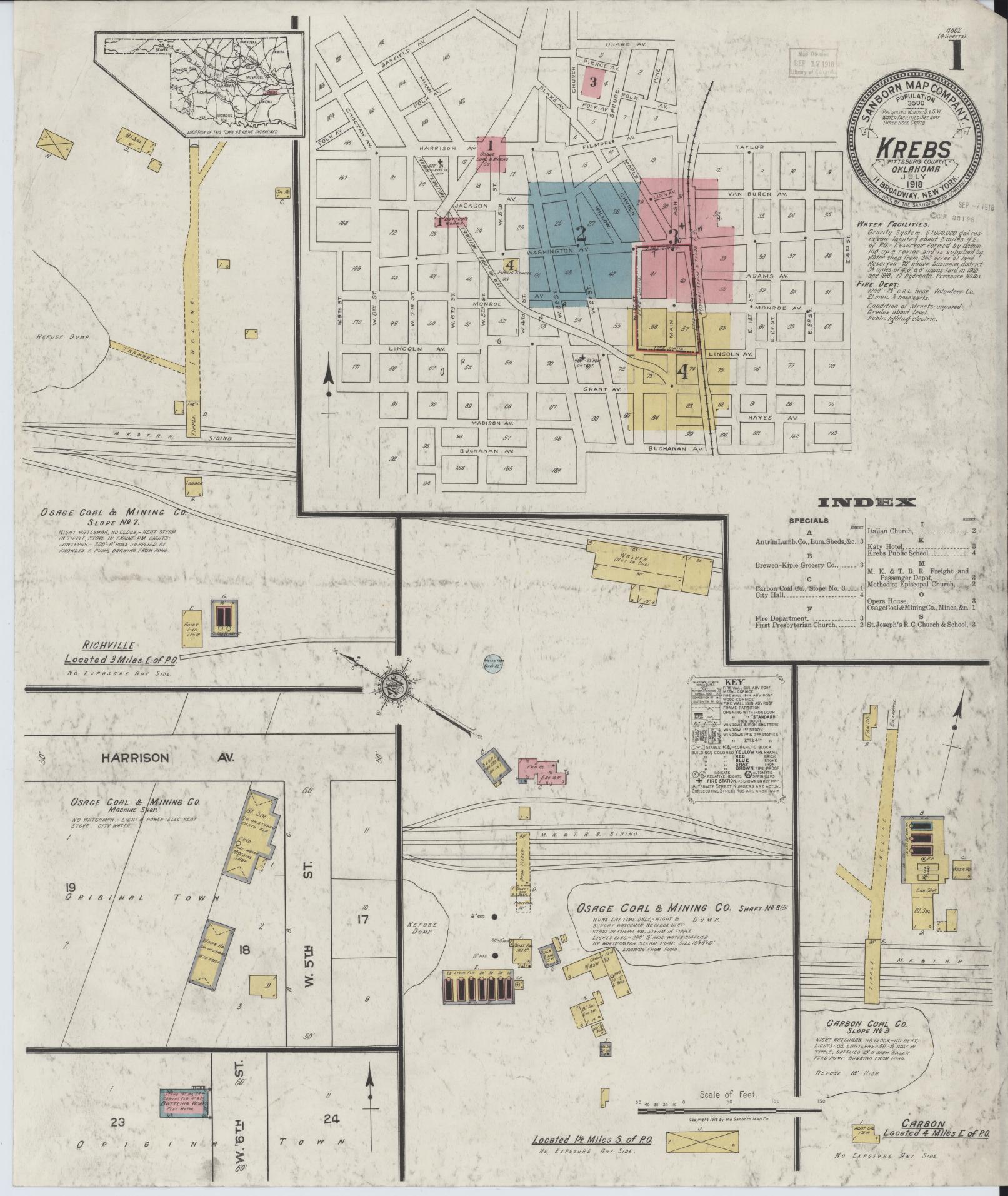 Sanborn Fire Insurance Map from Krebs, Pittsburg County, Oklahoma (1918), Sheet #0001 - Complete Map Set gallery image, historic Sanborn map, vintage wall art, Oklahoma Oklahoma