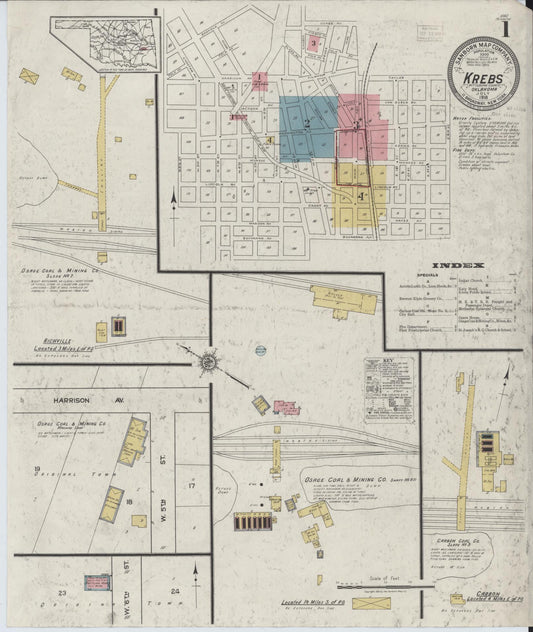 Sanborn Fire Insurance Map from Krebs, Pittsburg County, Oklahoma (1918), Sheet #0001 - Complete Map Set gallery image, historic Sanborn map, vintage wall art, Oklahoma Oklahoma