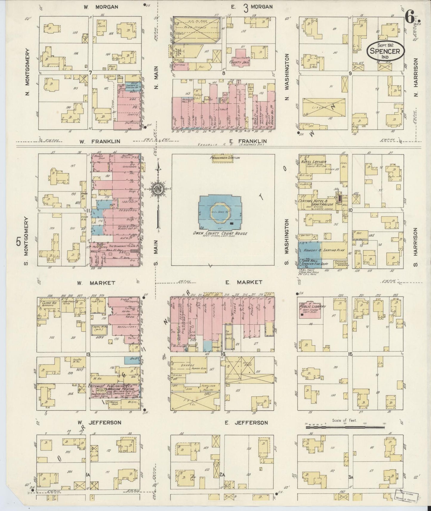 Sanborn Fire Insurance Map from Spencer, Owen County, Indiana (1912), Sheet #0006 - Historic Sanborn Fire Insurance Map Print, vintage old map wall art, antique decor, genealogy gift, Indiana Indiana map