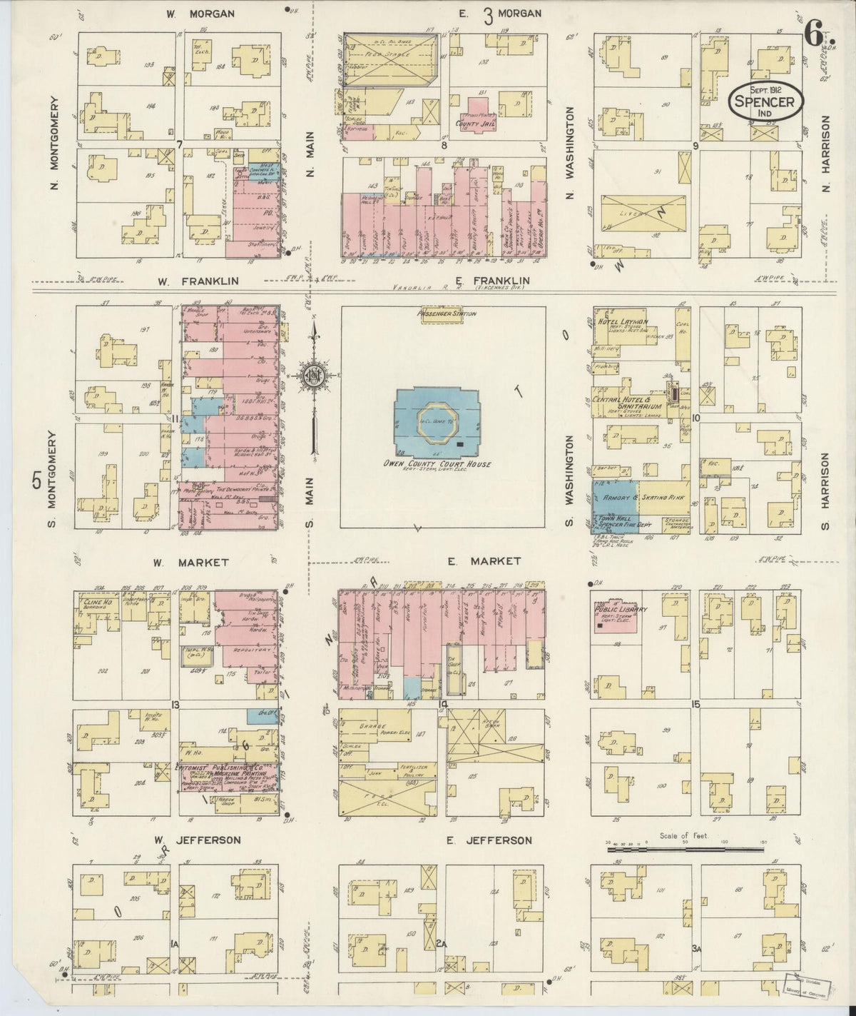 Sanborn Fire Insurance Map from Spencer, Owen County, Indiana (1912), Sheet #0006 - Historic Sanborn Fire Insurance Map Print, vintage old map wall art, antique decor, genealogy gift, Indiana Indiana map