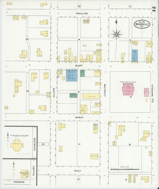 Sanborn Fire Insurance Map from Woodville, Tyler County, Texas (1909), Sheet #0002 - Historic Sanborn Fire Insurance Map Print, vintage old map wall art, antique decor, genealogy gift, Texas Texas map