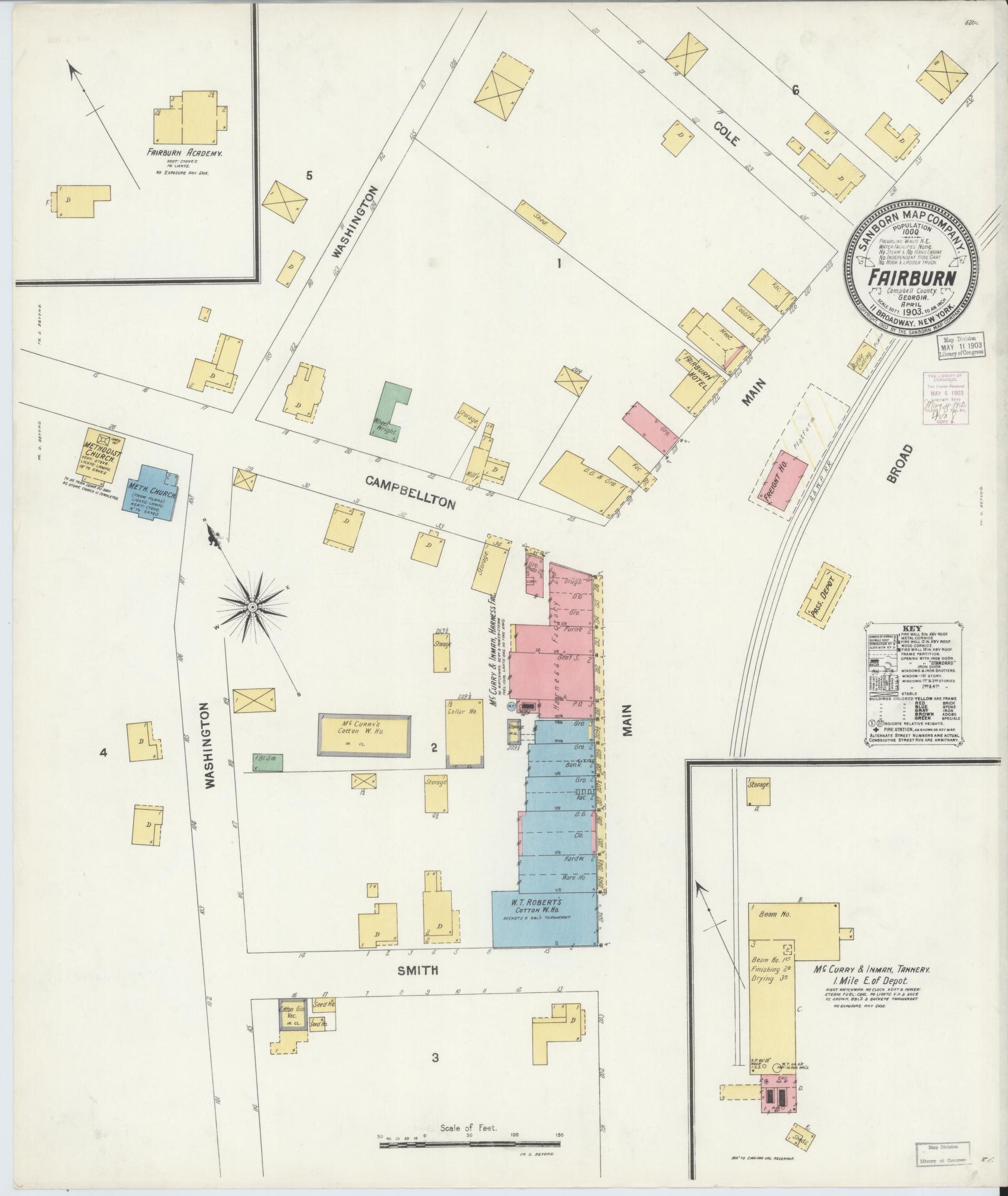 Sanborn Fire Insurance Map from Fairburn, Fulton County, Georgia (1903), Sheet #0001 - Historic Sanborn Fire Insurance Map Print, vintage old map wall art, antique decor, genealogy gift, Georgia Georgia map
