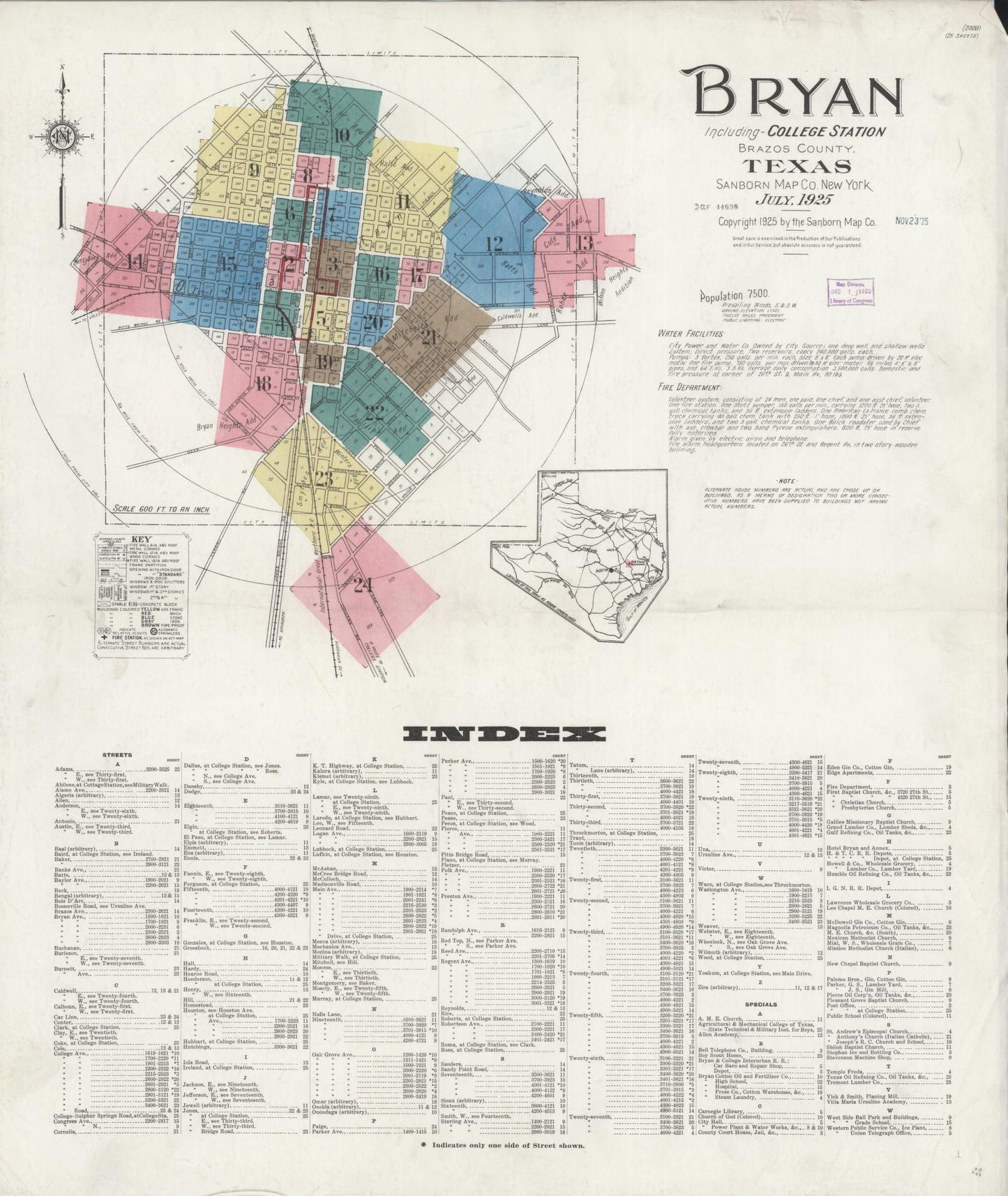 Sanborn Fire Insurance Map from Bryan, Brazos County, Texas (1925), Sheet #0001 - Historic Sanborn Fire Insurance Map Print, vintage old map wall art, antique decor, genealogy gift, Texas Texas map