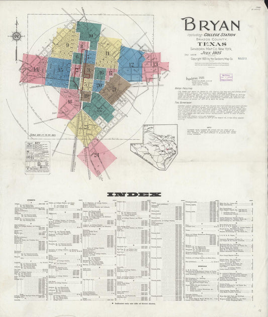 Sanborn Fire Insurance Map from Bryan, Brazos County, Texas (1925), Sheet #0001 - Historic Sanborn Fire Insurance Map Print, vintage old map wall art, antique decor, genealogy gift, Texas Texas map