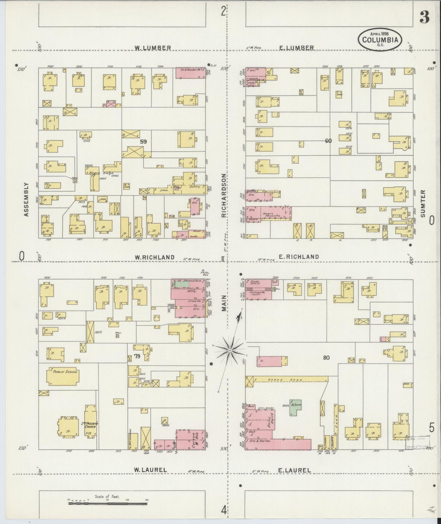 Sanborn Fire Insurance Map from Columbia, Richland County, South Carolina (1898), Sheet #0003 - Complete Map Set gallery image, historic Sanborn map, vintage wall art, South Carolina South Carolina