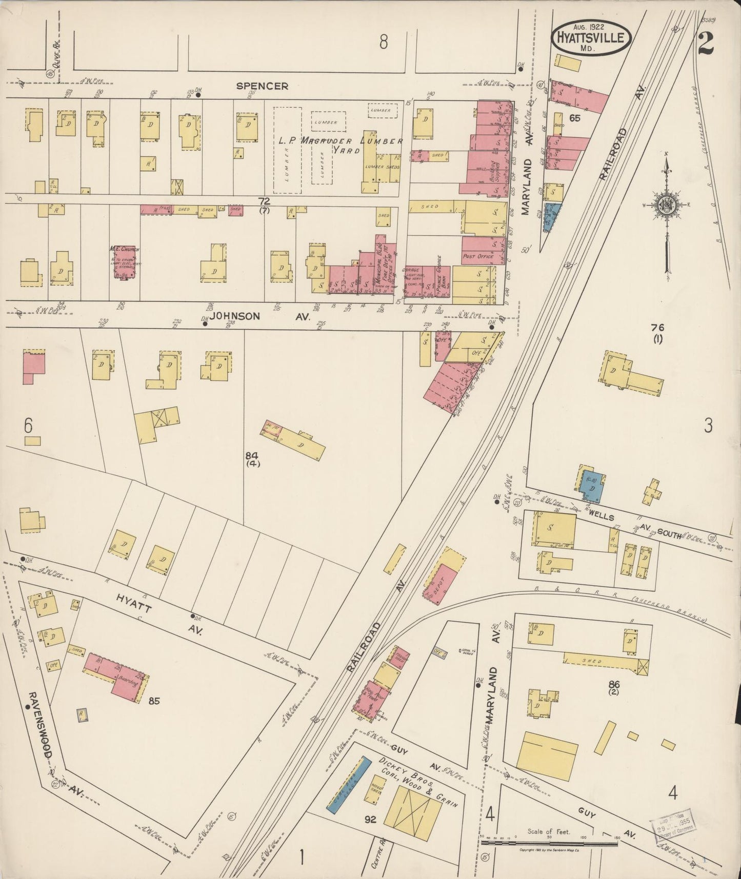 Sanborn Fire Insurance Map from Hyattsville, Prince Georges County, Maryland (1922), Sheet #0002 - Historic Sanborn Fire Insurance Map Print, vintage old map wall art